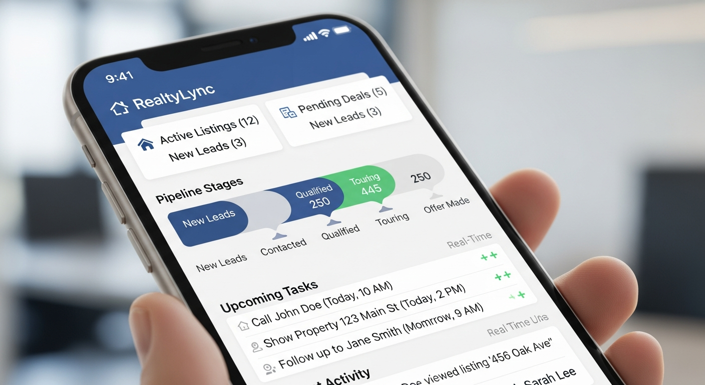 Mobile real estate CRM dashboard showing lead pipeline