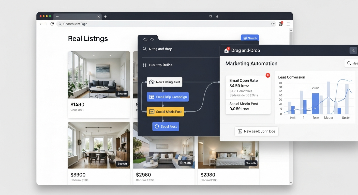 AI Real Estate Marketing Software Interface showing automated flyer generation and listing descriptions